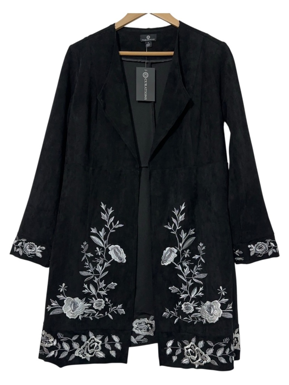 NWT Curations Womens Black Floral Embroidered Jacket Size S Open Front Duster